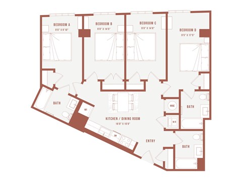 Floor plan for 4 beds, 3 baths, 321 sqft